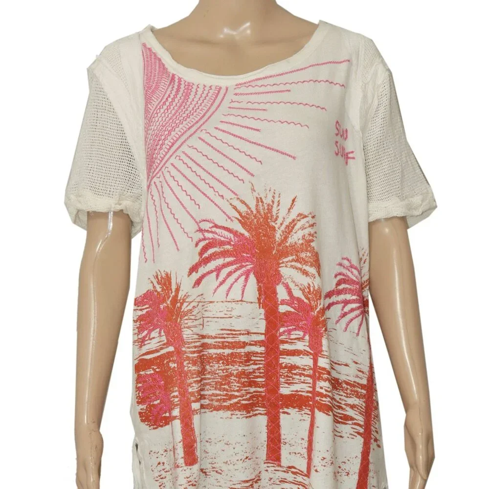 Free People We The Free Rising Sun Tee Top Mesh Printed Embroidered S